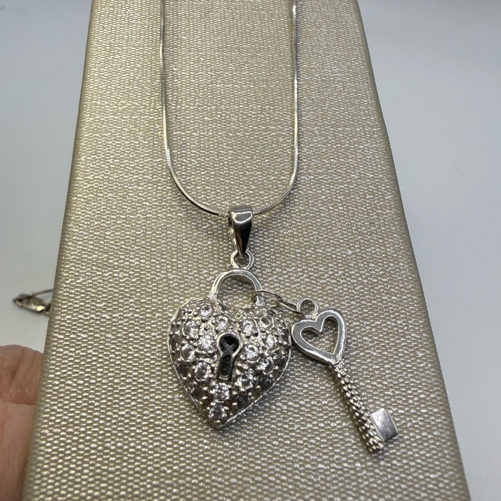 Sterling Silver Heart Lock & Key Pendant Necklace 17” Snake Chain 925 Italy